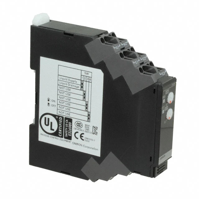 Omron K8DT-LS1CA Conductive Level Controller Monitoring Relay — 17.5 mm DIN Rail, SPDT Output, 100-240 VAC, 10 kΩ-100 kΩ Liquid Level Detection