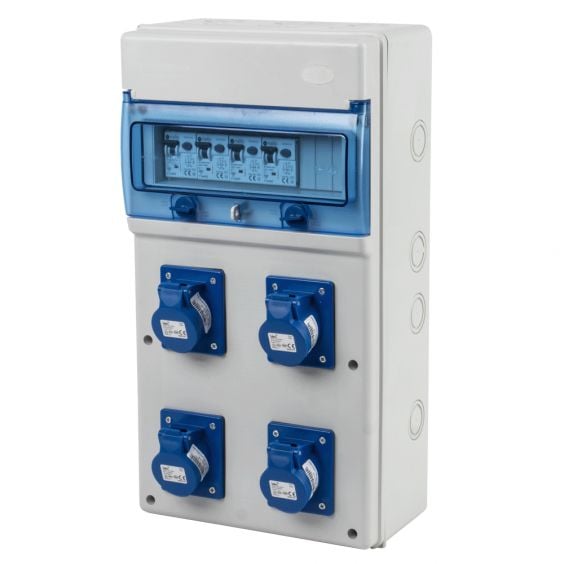 4-Way Plastic Industrial Distribution Panel – Complete with 16A & 32A Plugs, Sockets, MCBs & RCCBs