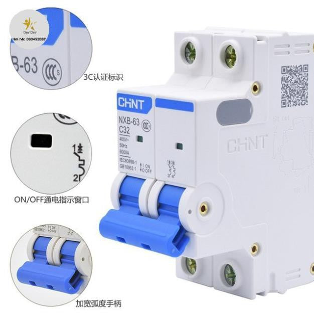 Chint NXB-63 2P C63 Miniature Circuit Breaker – 63A, 6kA Breaking Capacity, Type C Curve, Double Pole MCB for Main Circuit Protection