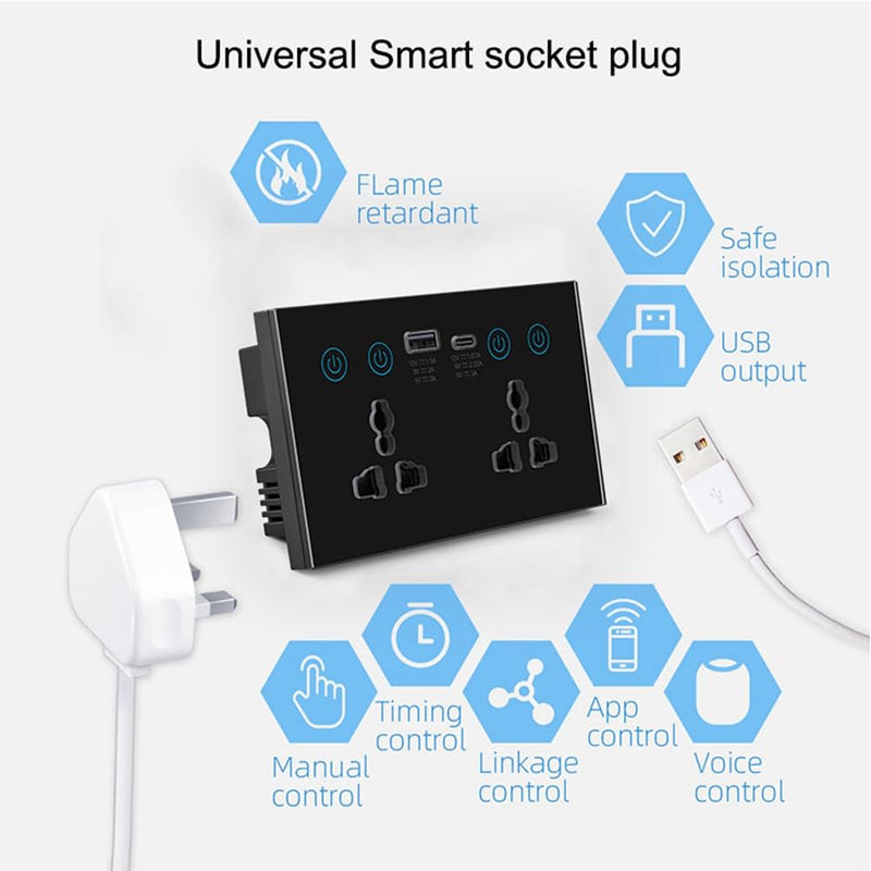 WiFi Smart Double Socket, 3-Hole Multi-Functional Plug + USB + Type-C, Black, 147
