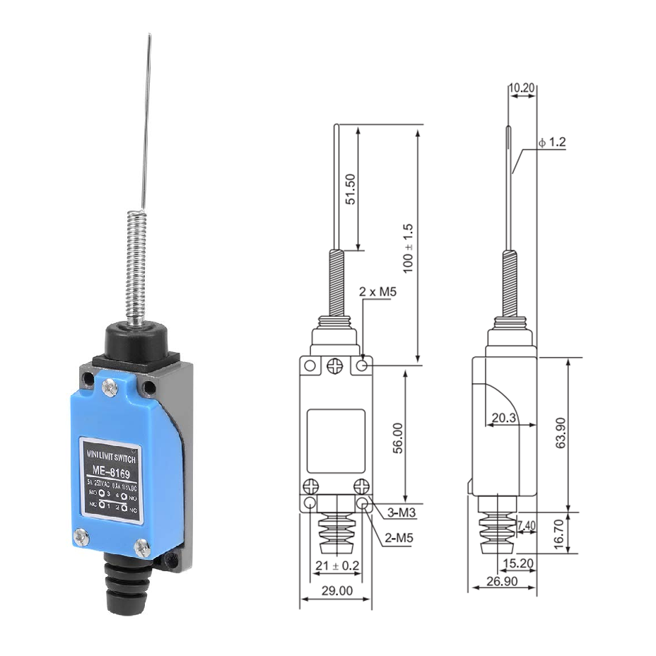 ME-8169 Limit Switch – 1NO+1NC, Spring Rod Actuator, IP65, 5A 250V