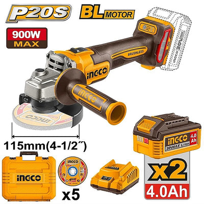 Ingco CAGLI261522 20V brushless angle grinder kit showing two 4.0Ah batteries, charger, five discs and carrying case