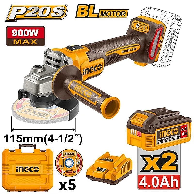 Ingco CAGLI261522 20V brushless angle grinder kit showing two 4.0Ah batteries, charger, five discs and carrying case