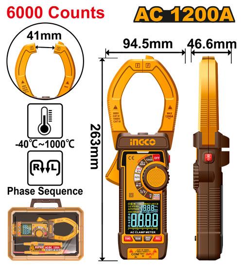 Ingco AC Clamp Meter 1000A 6000 Counts – DCM610001