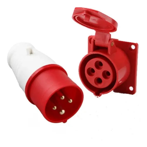 16A 4-Pin Industrial Plug & Panel Mount Socket (Male & Female) | IP44 | 3P+E Flush Power Connector Set
