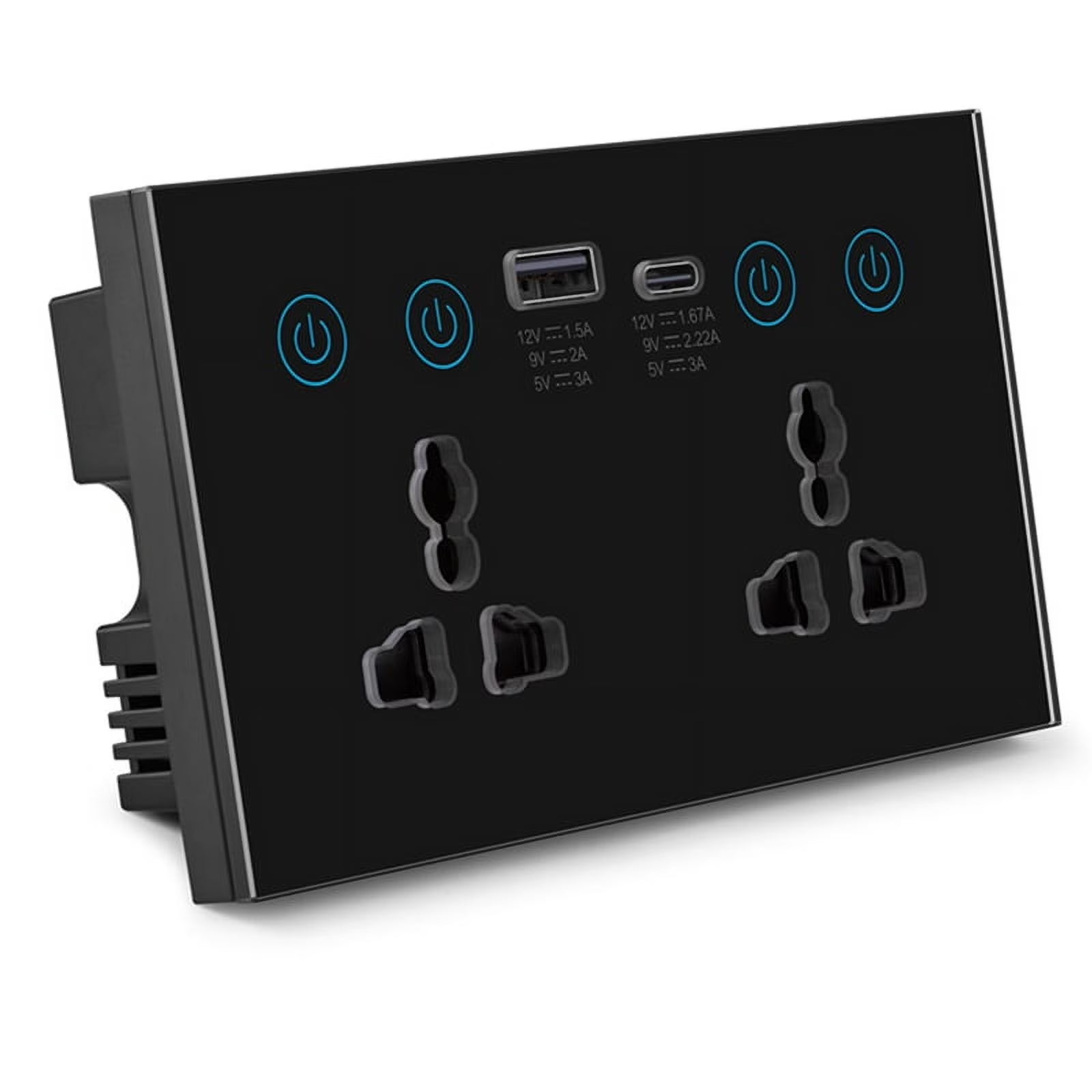 WiFi Smart Double Socket, 3-Hole Multi-Functional Plug + USB + Type-C, Black, 147
