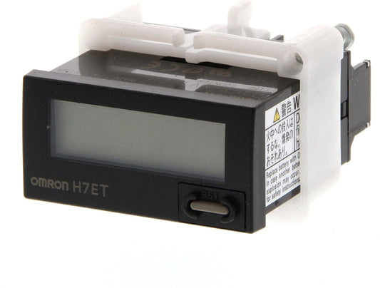 Omron H7ET-NV1-BH 1/32 DIN Industrial Time Counter — Self-Powered 7-Digit LCD Timer (999h59m59s / 9999h59.9m), Voltage Input, Backlit Display, Black Case
