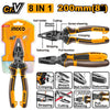 INGCO HMFCP28200 8-in-1 pliers showing cutting, stripping, crimping and other functions