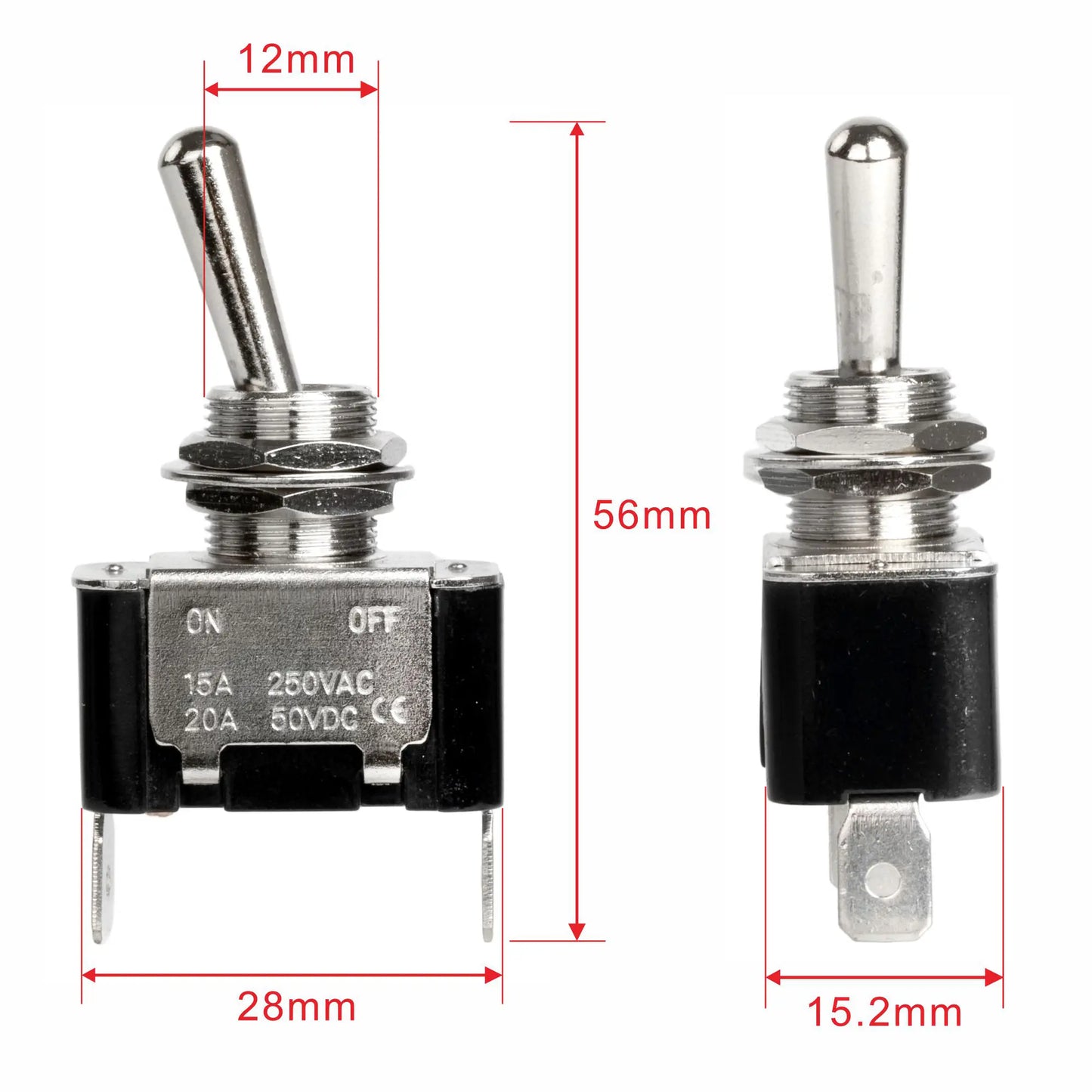 Heavy Duty KN3A-101 Toggle Switch, 2-Pin SPST ON-OFF Latching, 10A 250VAC / 15A 125VAC, 12mm Panel Mount