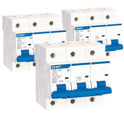 Chint NXB-125G 3P C100 Miniature Circuit Breaker – 100A, 10kA Breaking Capacity, Type C Curve, 3 Pole MCB for High-Capacity Three-Phase Power Protection