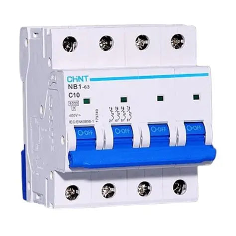 Chint NXB-63 4P C10 Miniature Circuit Breaker – 10A, 6kA Breaking Capacity, Type C Curve, 4 Pole MCB for Full Isolation in Three-Phase + Neutral Systems