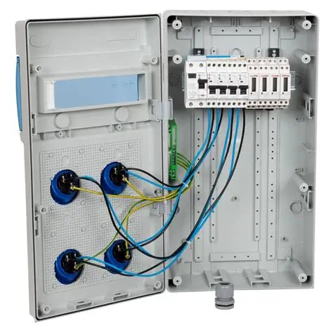 4-Way Plastic Industrial Distribution Panel – Complete with 16A & 32A Plugs, Sockets, MCBs & RCCBs