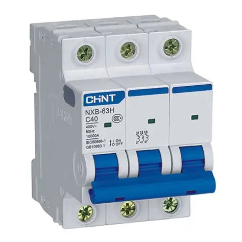 Chint NXB-63 3P C10 Miniature Circuit Breaker – 10A, 6kA Breaking Capacity, Type C Curve, 3 Pole MCB for Light-Duty Three-Phase Circuit Protection