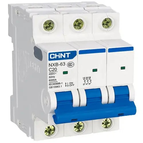 Chint NXB-63 3P C10 Miniature Circuit Breaker – 10A, 6kA Breaking Capacity, Type C Curve, 3 Pole MCB for Light-Duty Three-Phase Circuit Protection