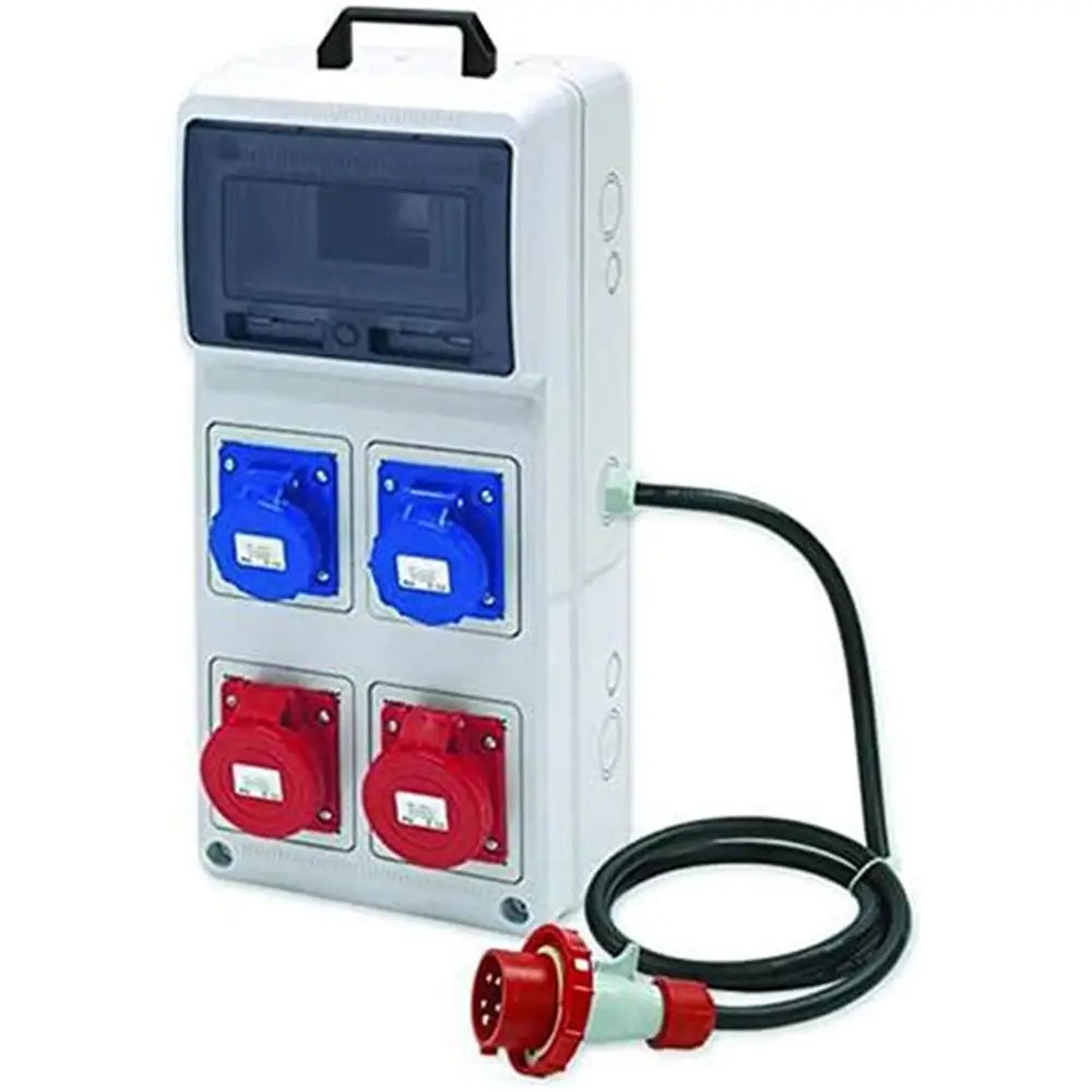 4-Way Plastic Industrial Distribution Panel – Complete with 2pcs 32A 3-Pin & 2pcs 32A 4-Pin Plugs, Sockets, MCBs & RCCBs