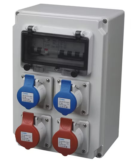 4-Way Plastic Industrial Distribution Panel – Complete with 2pcs 32A 3-Pin & 2pcs 32A 4-Pin Plugs, Sockets, MCBs & RCCBs