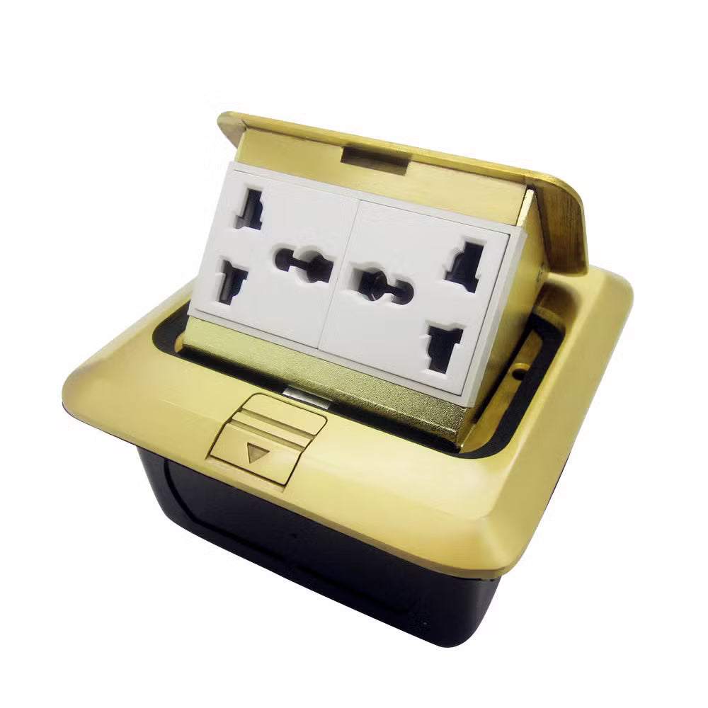 Golden Finish Pop-Up Double Floor Socket Box with Two Power Sockets & Multi-Function Modules