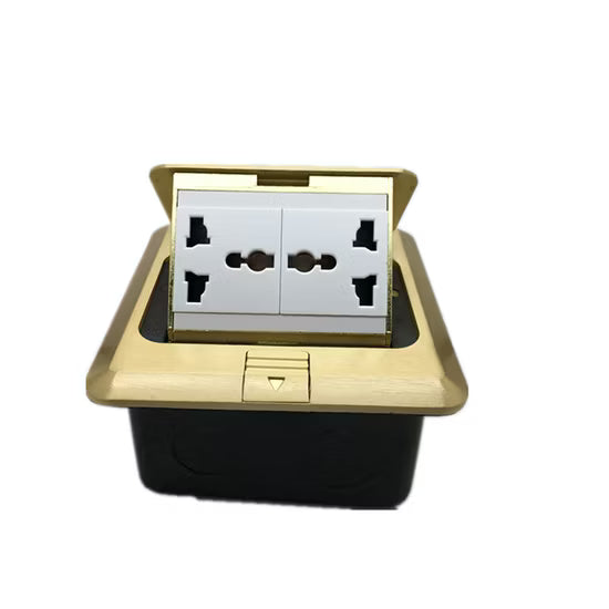 Golden Finish Pop-Up Double Floor Socket Box with Two Power Sockets & Multi-Function Modules