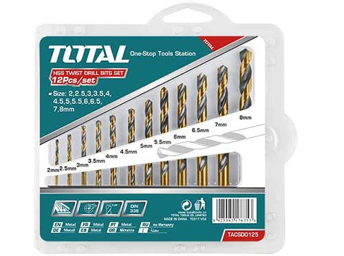 Total 12-Piece HSS Twist Drill Bit Set TACSD0125 – DIN 338, Titanium Coated, Sizes: 2, 2.5, 3, 3, 3.5, 4, 4.5, 5, 5.5, 6, 6.5, 7, 8 mm, for Metal, Wood & Plastic