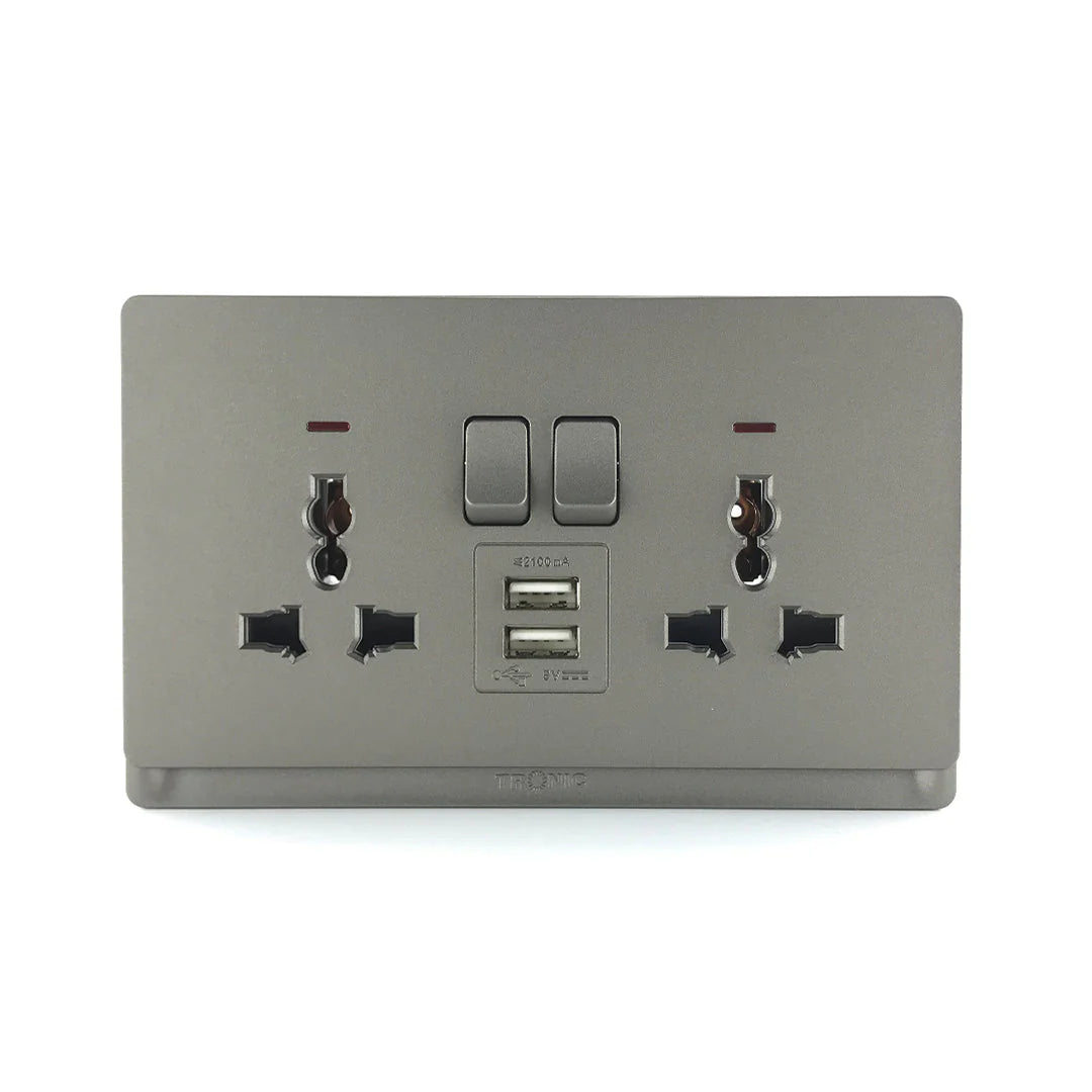 Midea 13A Double Universal Socket with 2 Gang Switch and USB & Type-C ports, Neon Power Indication Grey