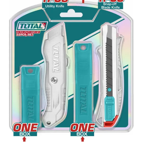 Total 22 Pieces Utility Knife Set – 1 Utility Knife (19 × 61 mm) + 10 Standard Blades + 10 Hook Blades (18 × 100 mm) + 1 Blade Remover, Part No. THT515226