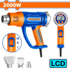 Wadfow WHG1530 heat gun showing LCD display, temperature controls and nozzle attachments