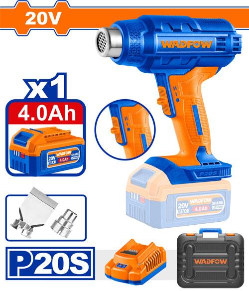 Wadfow WKH1B012 20V cordless heat gun pictured with 4.0Ah battery, charger, nozzle attachments and carrying case