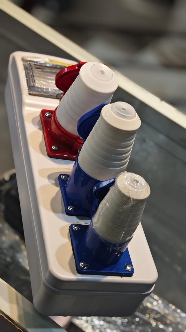 Front view showing breaker cover and industrial sockets