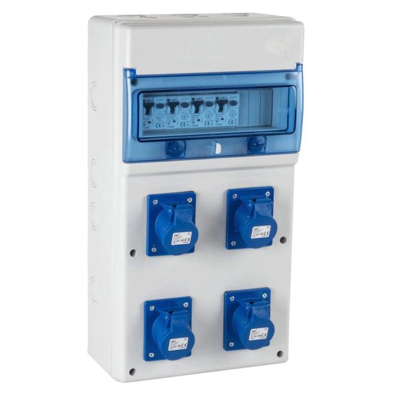 4-Way Plastic Industrial Distribution Panel – Complete with 16A & 32A Plugs, Sockets, MCBs & RCCBs