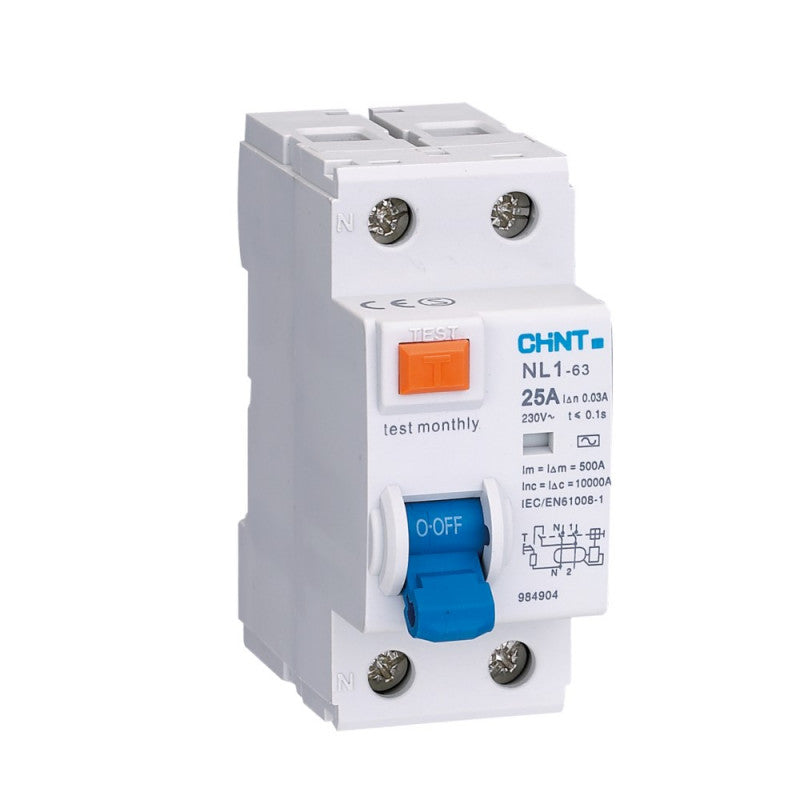 Chint NL1-63 2P 63A 30mA RCCB – Residual Current Circuit Breaker, AC Type, 2 Pole, 6kA Withstand, Earth Leakage Protection for High-Load Single-Phase Circuits
