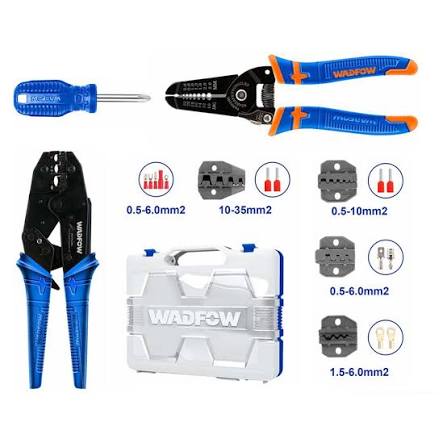 Wadfow WHS1807 7-Piece Multi-Function Crimping & Wire Stripping Pliers Set with Ratchet Crimping Plier + Multiple Die Sets + 7" Wire Stripper + Ph2 Screwdriver + Plastic Storage Box