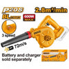 Ingco cordless blower pictured with two batteries and a charger