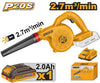 Ingco P20S cordless blower showing 2.7 m³/min airflow and one 2.0Ah battery