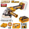 Ingco 20V brushless angle grinder kit showing 115mm disc size, 900W max, 4.0Ah battery, charger and five discs