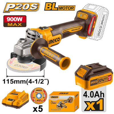 Ingco 20V brushless angle grinder kit showing 115mm disc size, 900W max, 4.0Ah battery, charger and five discs