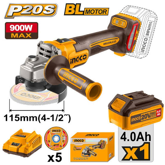 Ingco 20V brushless angle grinder kit showing 115mm disc size, 900W max, 4.0Ah battery, charger and five discs