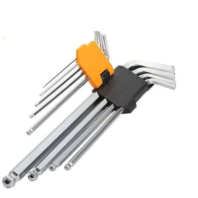 Extra-long ball-end hex keys in an orange and black storage holder