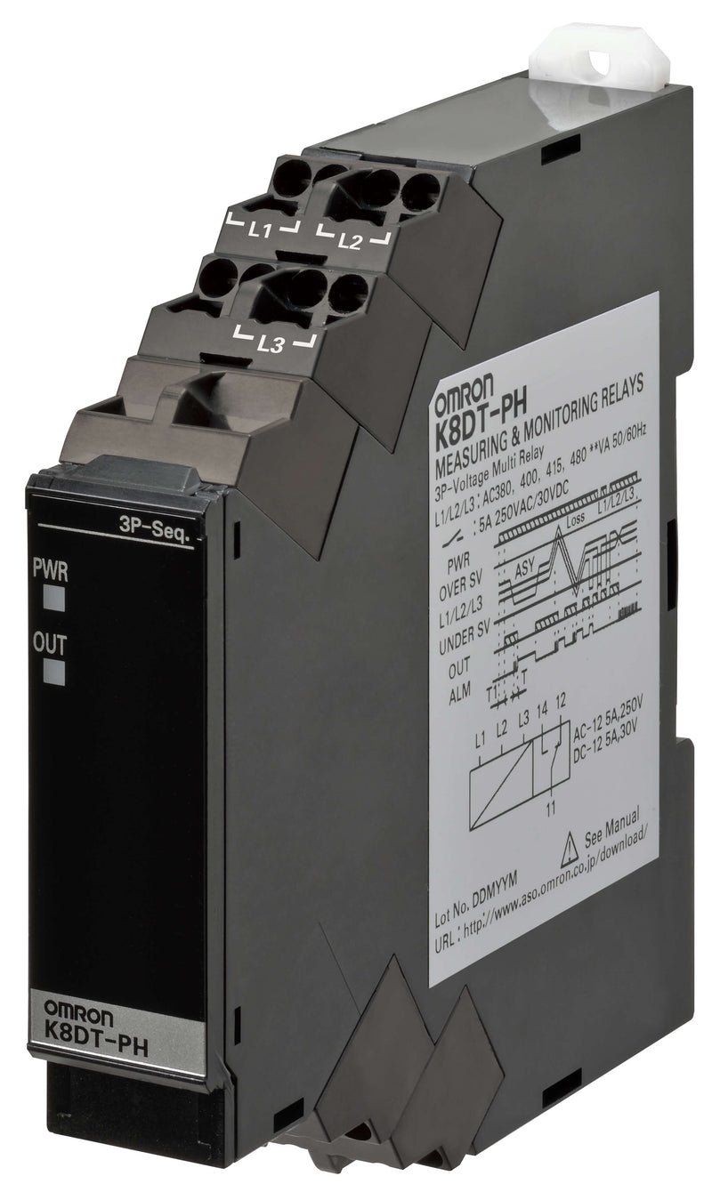 Omron K8DT-PH1CN Phase-Sequence & Phase-Loss Monitoring Relay — 17.5 mm DIN Rail, SPDT Output, 200-480 VAC, 3-Phase Protection (Sequence & Loss)
