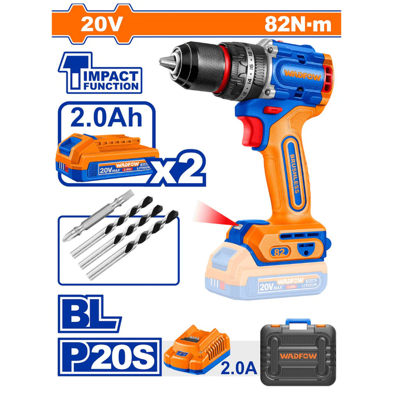 Wadfow WCDP8285 Cordless Impact Drill 20V 82Nm c/w 2 Batteries (P1C5)