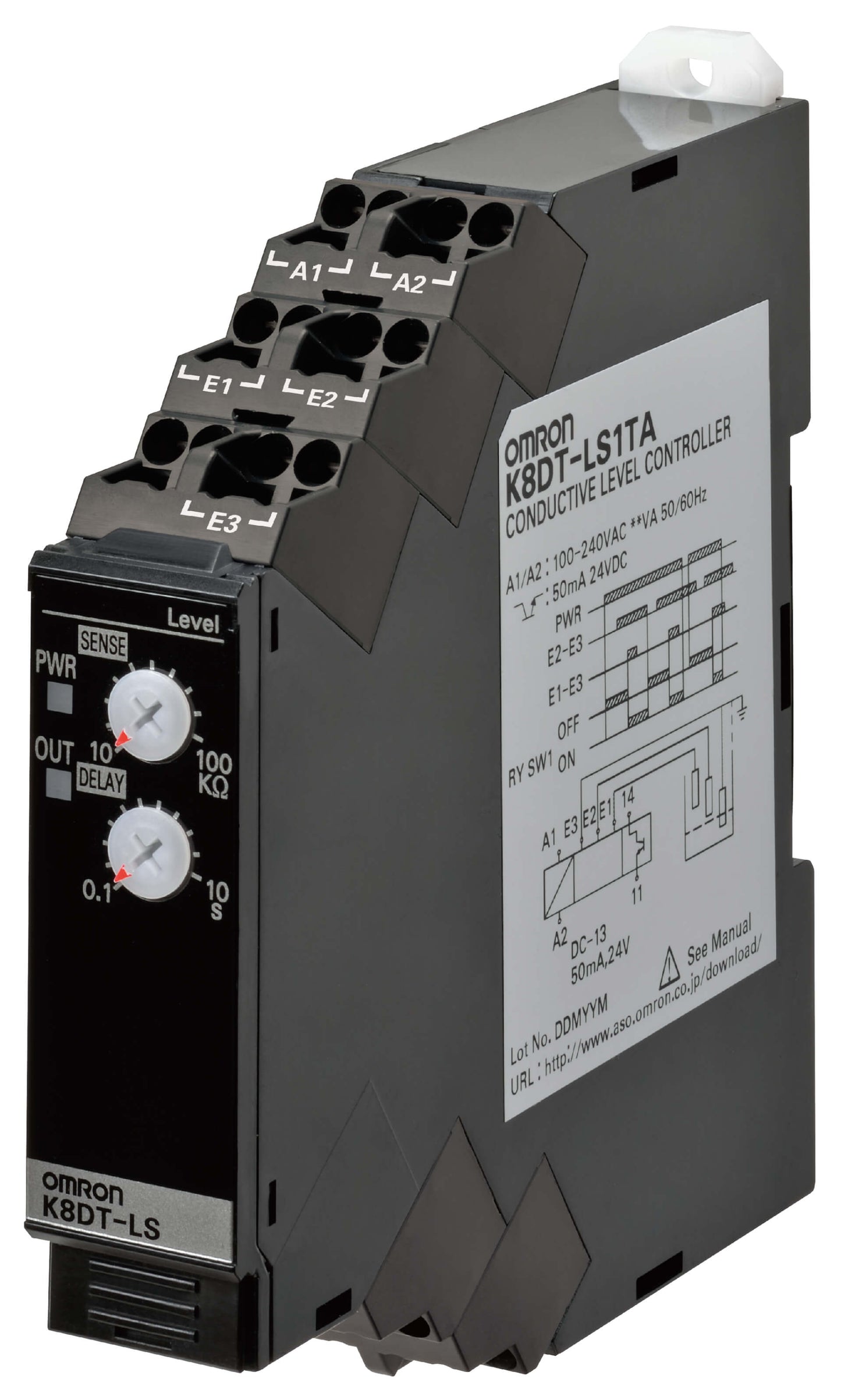 Omron K8DT-LS1CA Conductive Level Controller Monitoring Relay — 17.5 mm DIN Rail, SPDT Output, 100-240 VAC, 10 kΩ-100 kΩ Liquid Level Detection