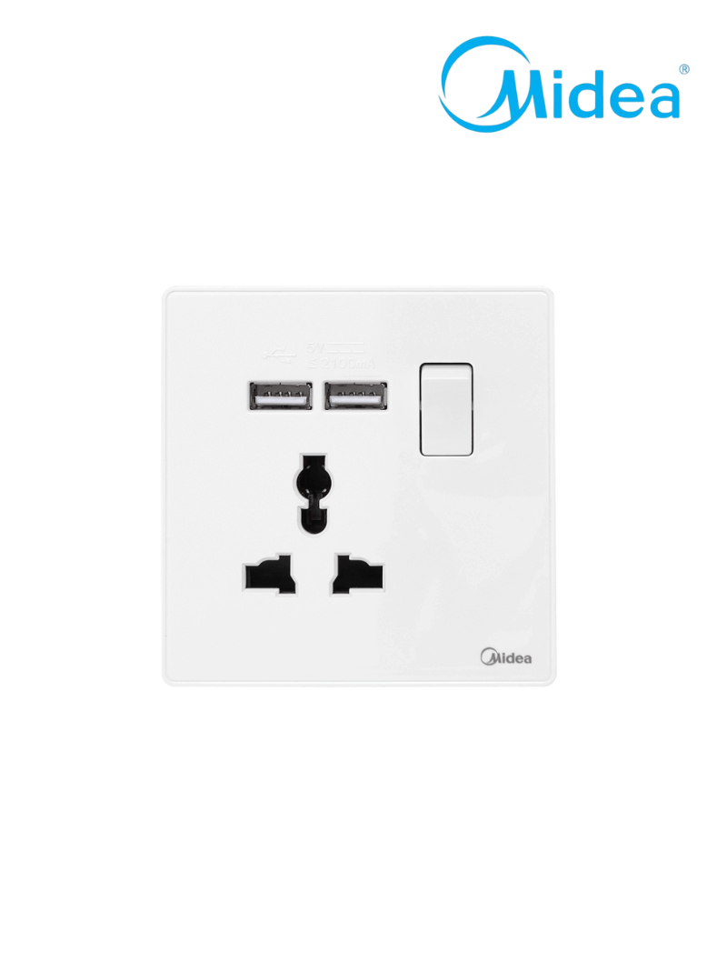 Midea White Multi Single USB Socket with 3 Pin and 2 Pin