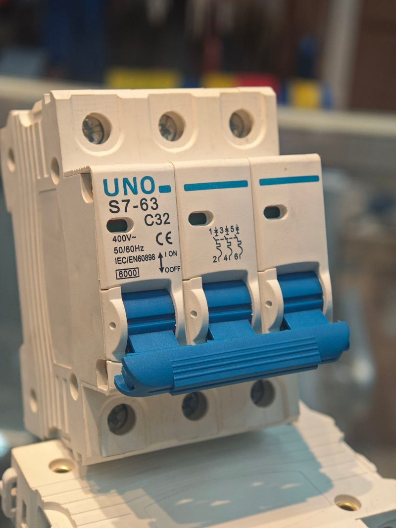UNO 3-Pole 32A C-Curve Miniature Circuit Breaker (MCB) 6kA Three-Phase 240/415V