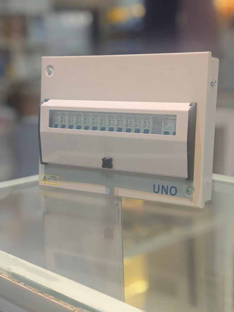 UNO 12-Way Single Phase Consumer Unit Distribution Board | 100A Isolator | Pre-fitted MCBs | Metal Enclosure