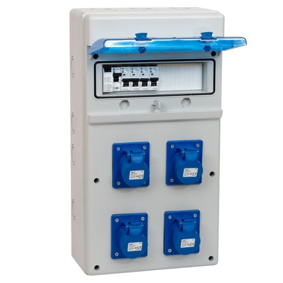 4-Way Plastic Industrial Distribution Panel – Complete with 16A & 32A Plugs, Sockets, MCBs & RCCBs