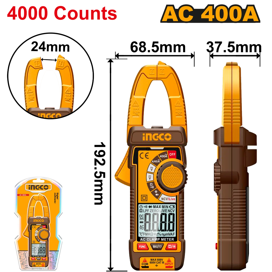 Ingco DC/AC Clamp Meter 400A 4000 Counts – DCM62006