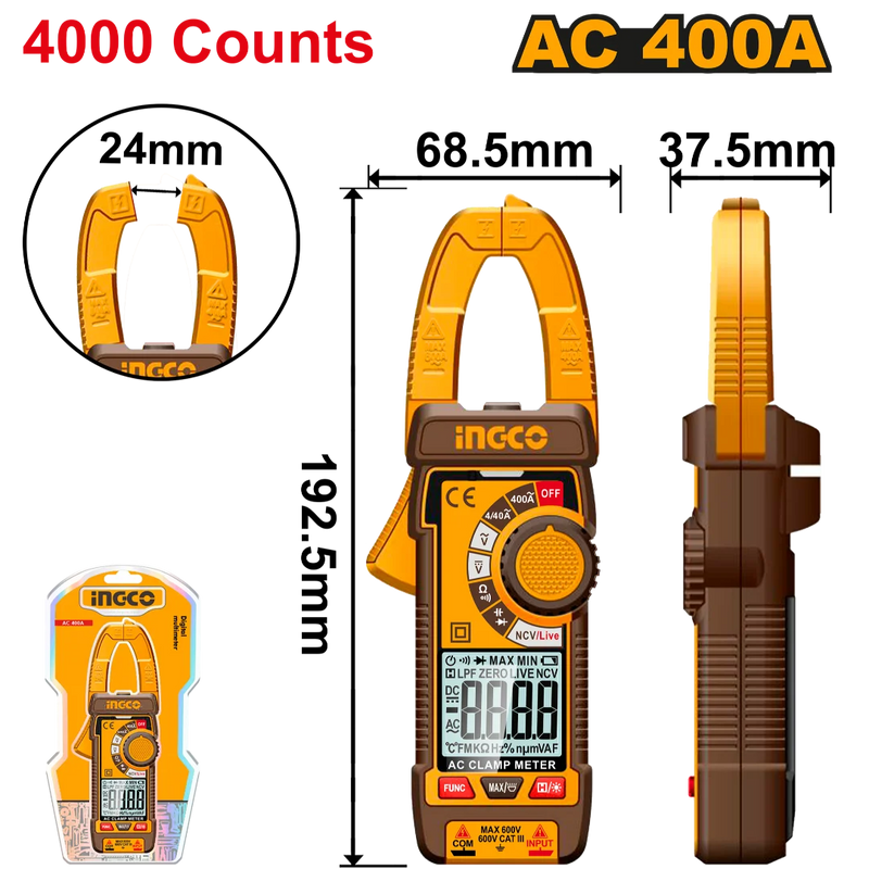 Ingco DC/AC Clamp Meter 400A 4000 Counts – DCM62006