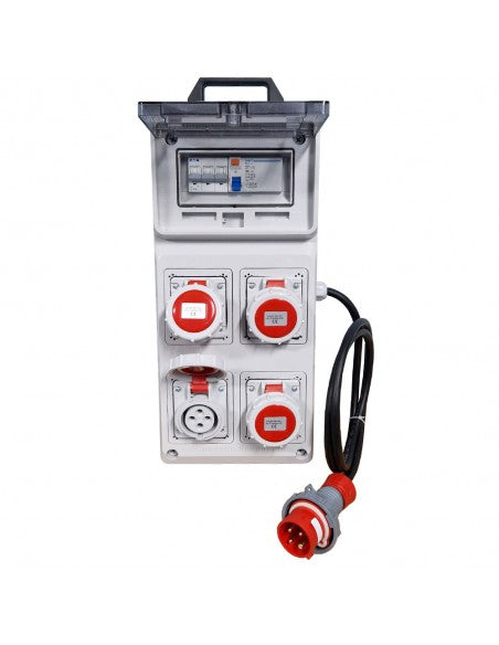 4-Way Plastic Industrial Distribution Panel – Complete with 2pcs 16A 4-Pin & 2pcs 32A 4-Pin Plugs, Sockets, MCBs & RCCBs