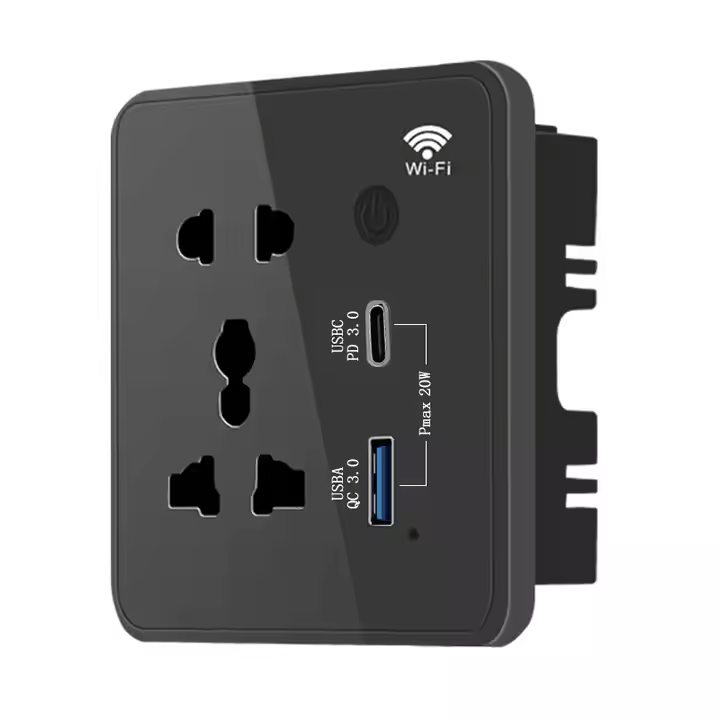 WiFi Smart Single Socket, 5-Hole Multi-Functional Plug + USB + Type-C, Black, 86