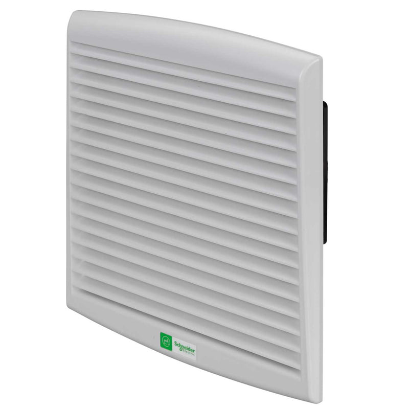 Schnieder ClimaSys Forced Vent. IP54, 165m³/h, 230V, with Outlet Grille and Filter G2 with Free Flow Rate with Standard Filter: 43589.2 Gal/hr(US) (165 m³/h) at 50 Hz – Ext Dimensions: 22.7in × 9.8in × 4.1in